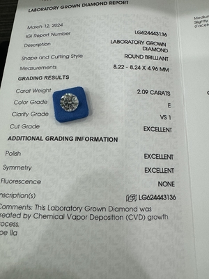 Купить 2.09CT E VS1 3EX Круглое резение CVD выращенный алмаз IGI сертификат LG624443136 online manufacture