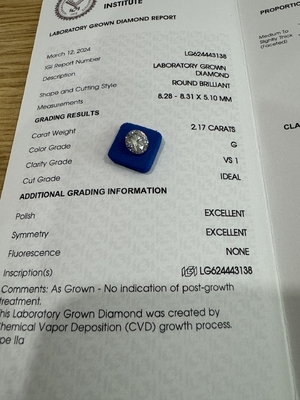 Купить 2.17CT G VS1 3EX CVD Лаборатория, созданная бриллиантом с круглой резьбой Сертификат IGI LG624443138 online manufacture