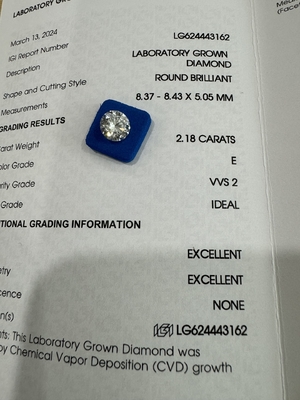 Купить 2.18CT E VVS1 ID EX CVD Синтетический бриллиантовый круглый бриллиант online manufacture