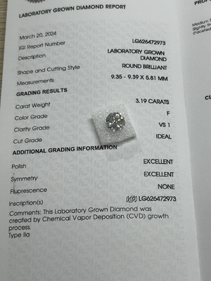 Купить 3.19CT F VS1 3EX Лабораторно выращенный CVD Бриллиант круглой резки Сертификат IGI LG626472973 online manufacture