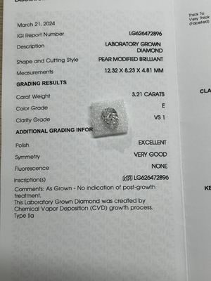 Купить 3.21CT E VS1 EX VG CVD Лабораторно выращенная бриллиантовая груша бриллиантовый рез IGI сертифицированный online manufacture