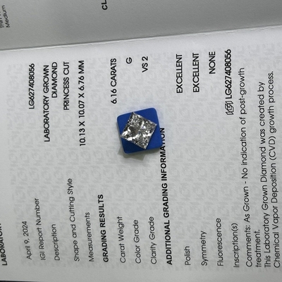 Купить 6.16 карат G VS2 2EX CVD Princess Cut Lab созданный бриллиантом IGI сертифицированный online manufacture