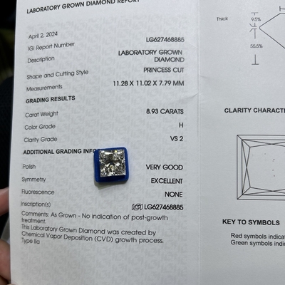 Купить 8.93CT H Цвет VS2 Прозрачность 2EX КВД Лаборатория Взрослая принцесса бриллиант online manufacture