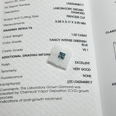 Купить 1.02CT Утонченный интенсивный зеленоватый синий VS1 EX VG CVD Лабораторный взрослый бриллиантовый принцессовый рез IGI сертифицированный online manufacture