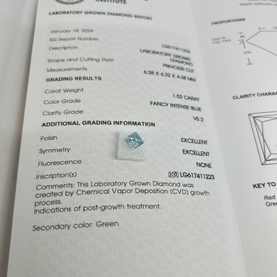 Купить 1.52CT Фанси Интенсивный Синий VS2 2EX CVD Лаборатория Взрослая Бриллиантовая Принцесса Форма OEM ODM online manufacture