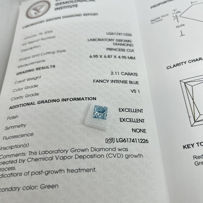 Купить 2.11CT Фанси Интенсивный Синий VS1 2EX CVD Лабораторный взрослый Бриллиантовый Принцесса Разрез online manufacture