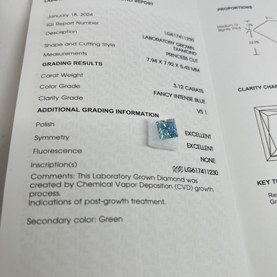 Купить 3.12CT Фанси Интенсивный Синий Лабораторный Делают Бриллианты VS1 2EX CVD Принцесса Разрез online manufacture