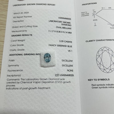 Купить 3.29ct Лабораторно выращенный бриллиант овальный разрез СВД Фанси зеленовато-синий VS1 2EX N online manufacture