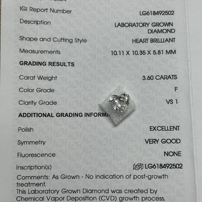 Купить 3.6ct Лабораторно изготовленные бриллианты Сердце Бриллиантовый рез CVD F VS1 2EX N IGI LG618492502 online manufacture