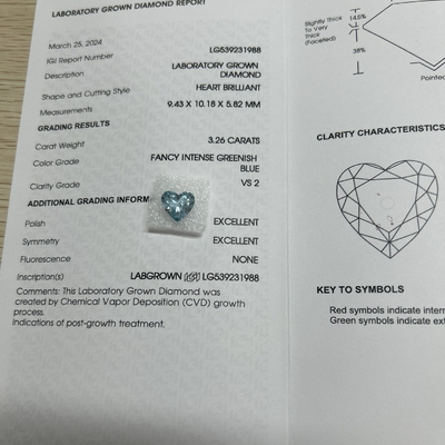 Купить 3.26ct СВД в форме сердца Лаборатория алмазный шикарный интенсивный зеленоватый синий VS2 2EX N online manufacture