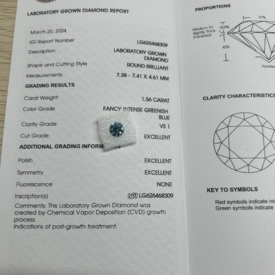 Купить 1.56ct Фанси Интенсивный Зеленоватый Синий Лабораторный Выросший Алмазный Круглый Урезанный СВД FVS1 3EX N IGI online manufacture