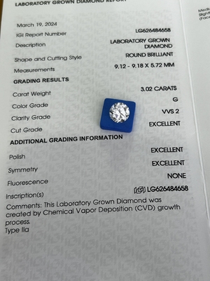 3.02ct CVD Lab Grown Diamond Round Cut G VVS2 3EX N Сертификат IGI