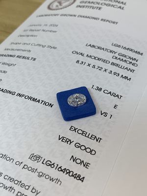 1.38ct Овальный рез лабораторный выращенный бриллиант CVD E VS1 EX VG N IGI сертифицированный