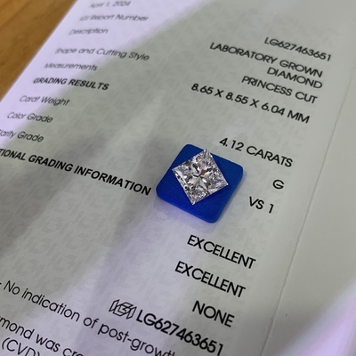 4.12CT G VS1 2EX CVD Лаборатория создала бриллиант принцессы для изготовления драгоценностей