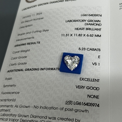 5.23ct Выросший бриллиант алмазы Сердечный разрез CVD E Цвет VS1 Прозрачность 2EX N IGI